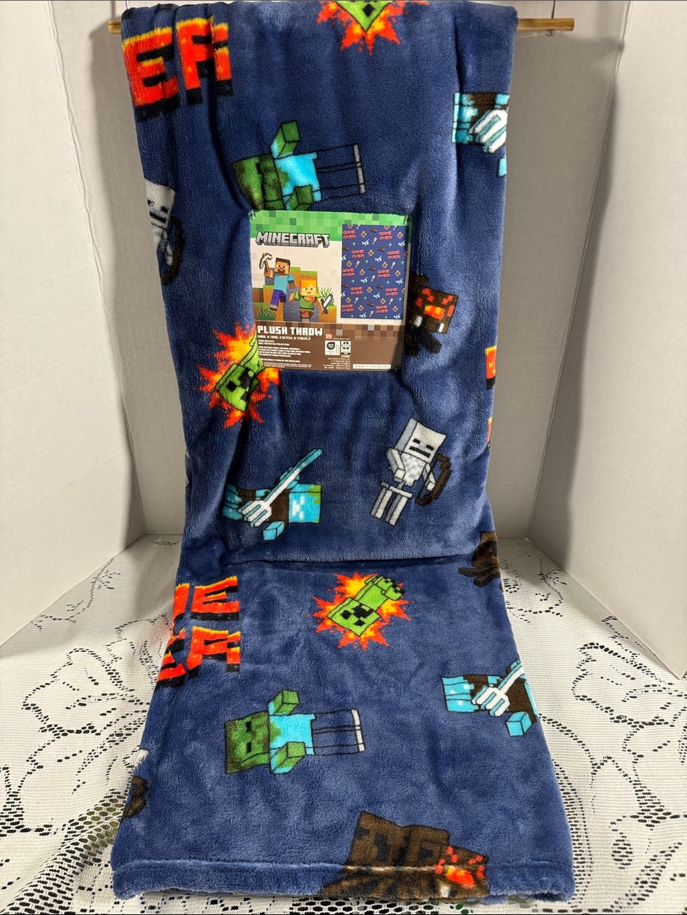 Minecraft Blue Plush Throw Blanket Game Over Creeper Spider Skeleton Zombie